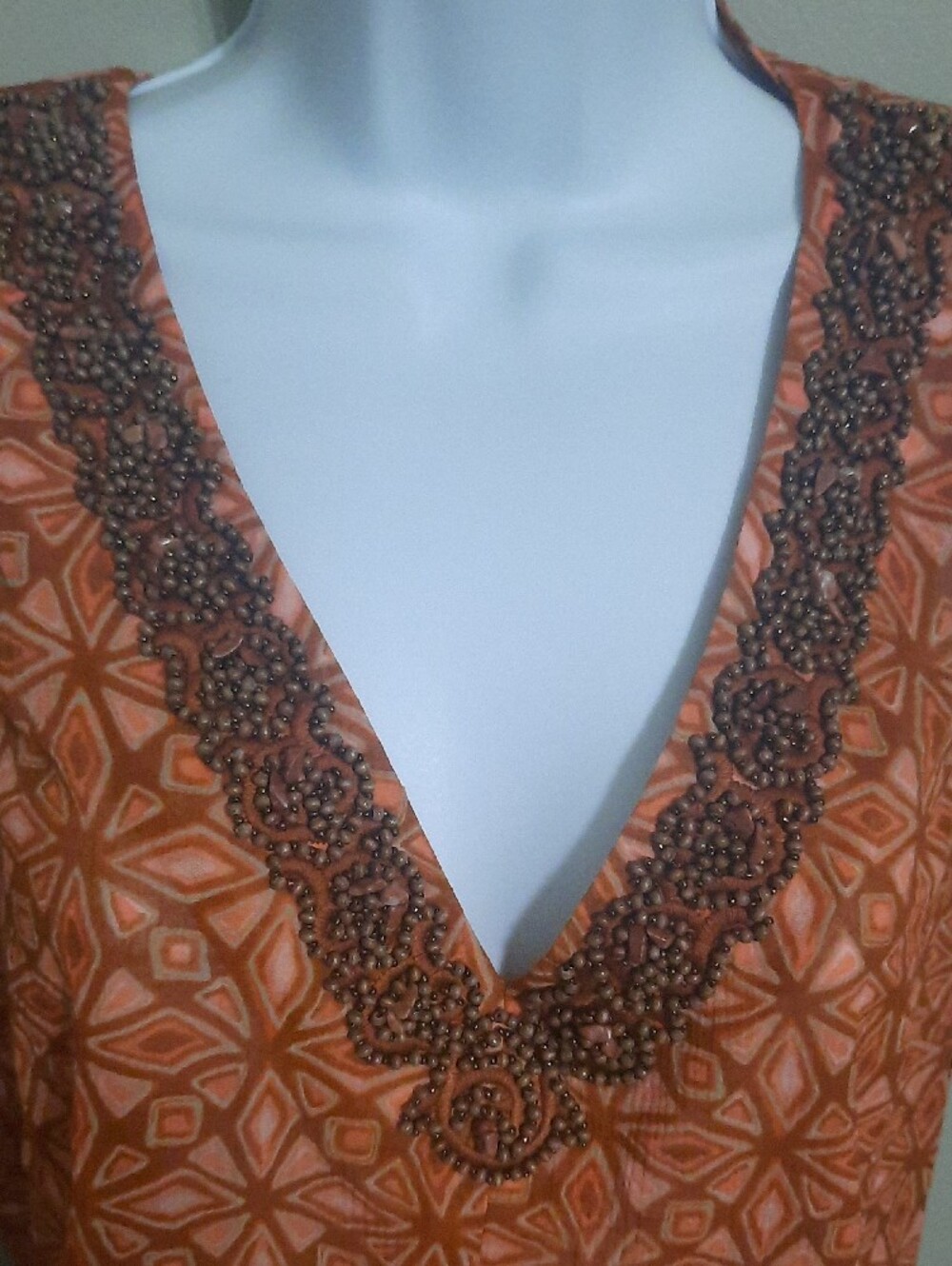 Tommy Bahama Orange Geometric V-Neck Beaded-Trim Blouse - Picture 6 of 6